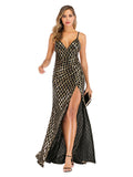 SLING V-NECK BLACK AND GOLD PLAID SEQUINED LONG DRESS