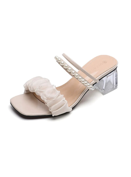 MESH PEARL TRANSPARENT THICK HEEL SLIPPERS