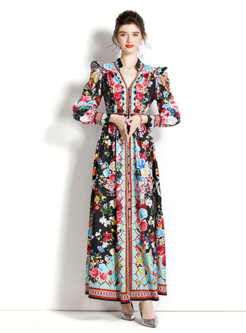 LONG-SLEEVED LANTERN SLEEVE PRINTING DRESS