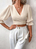 V-NECK SLIM BUBBLE SLEEVE SHIRT