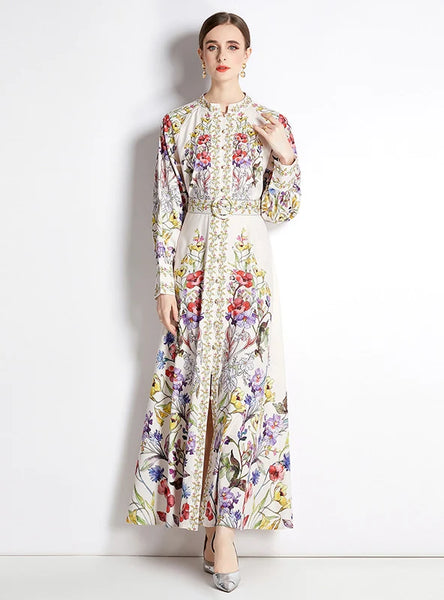 PRINTED LONG-SLEEVED HIGH-WAIST SLIM DRESS