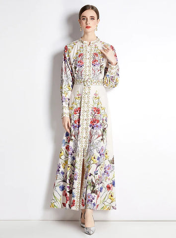 PRINTED LONG-SLEEVED HIGH-WAIST SLIM DRESS
