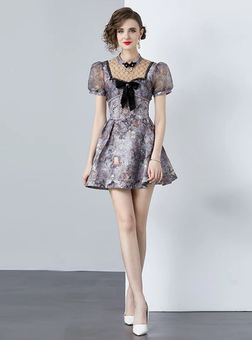 BOW RETRO PRINT SLIM SHORT DRESS