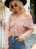 STYLISH IRREGULAR DRAWSTRING V-NECK LONG SLEEVE SWEATER