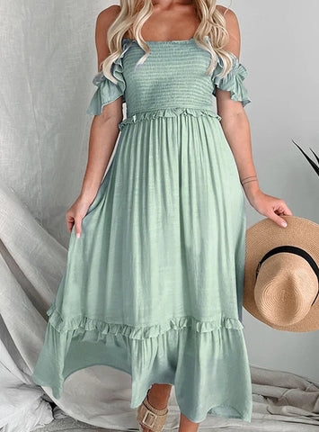 SOLID COLOR BACKLESS SUSPENDER LONG DRESS