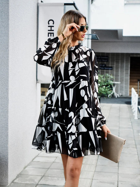 PRINTED LONG-SLEEVED SHORT DRESS