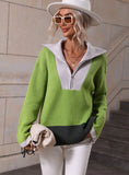 CLASSY PULLOVER COLOR MATCHING LONG SLEEVE ZIPPER SWEATER