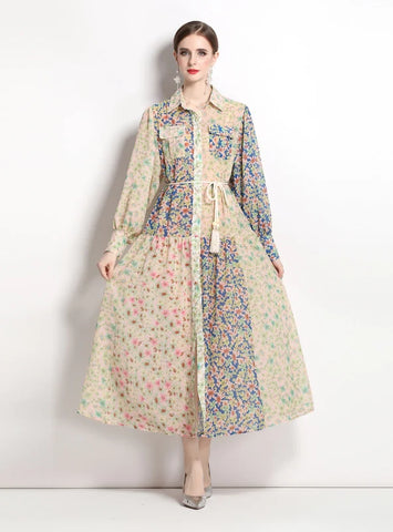 HOLIDAY STYLE LAPEL LONG SLEEVE PRINTED DRESS