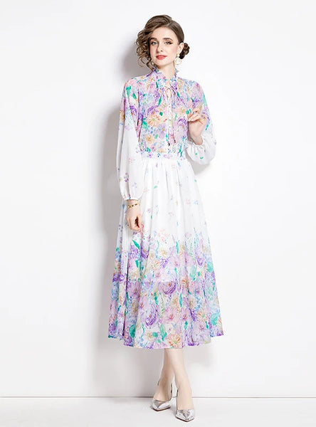 LANTERN SLEEVE CHIFFON HIGH WAIST SKIRT TWO-PIECE SUIT
