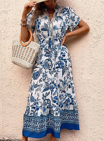 BOHEMIAN PRINTED SHORT SLEEVE DRESS