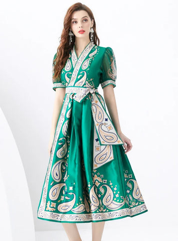 V-NECK LANTERN SLEEVE RETRO PRINT DRESS