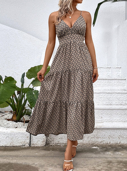 OPEN-BACK SUSPENDER PRINTED DRESS