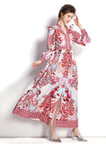 V-NECK RETRO LONG-SLEEVED PRINTED DRESS
