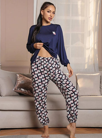 FASHION LONG SLEEVE FLORAL TROUSERS TWO-PIECE SUIT