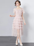 U-NECK SEQUINED LACE SHORT SLEEVE CAKE DRESS