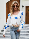 STYLISH LONG SLEEVE BUTTERFLY PATTERN V-NECK SWEATER