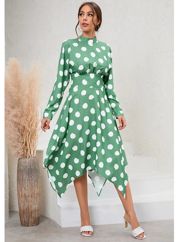 CASUAL IRREGULAR LONG-SLEEVED POLKA-DOT DRESS