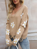 STYLISH HOLE LONG SLEEVE LOOSE SMALL FLOWER V-NECK SWEATER