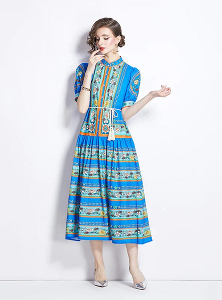 FASHION RETRO LANTERN SLEEVE PRINTED DRESS