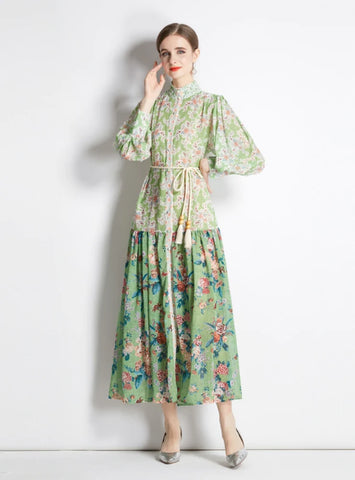 LONG-SLEEVED RETRO LANTERN SLEEVE PRINTED DRESS