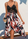 V-NECK IRREGULAR LACE STITCHING PRINTED DRESS