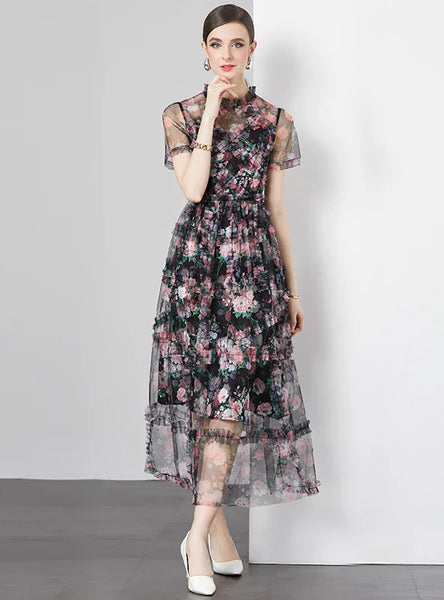 RETRO MESH PRINTED SHORT SLEEVE SLIM DRESS