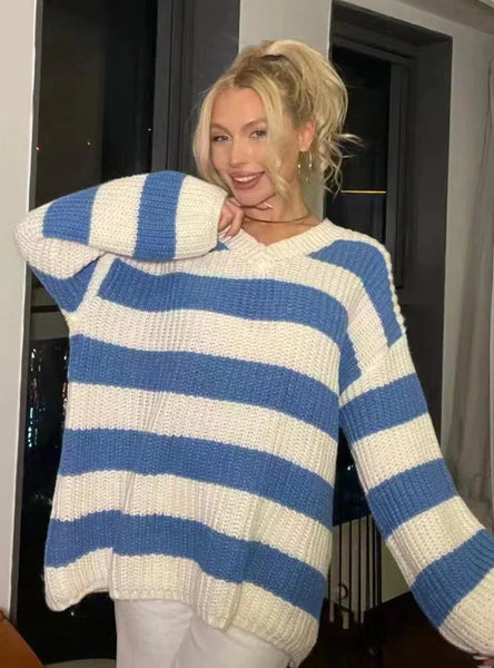 CLASSY AUTUMN AND WINTER FASHION STRIPED TOP SWEATER