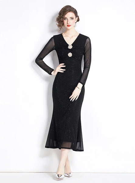 HOT DRILLING MESH THREE-DIMENSIONAL FLOWER V-NECK DRESS