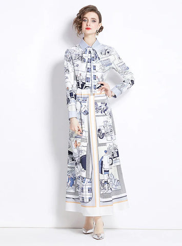 RETRO PRINTED LAPEL LONG SLEEVE DRESS