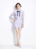 PURPLE STITCHING LACE TOP+SKIRT TWO-PIECE SUIT