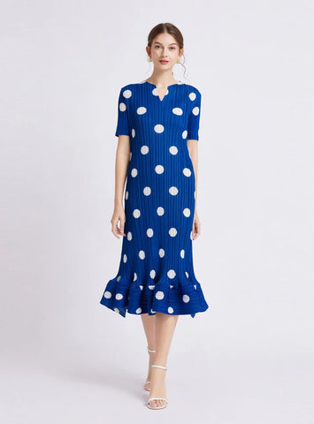 Pleated Polka-dot Ruffled Short-sleeved Dress