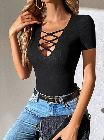 V-NECK HOLLOW SLIM SHORT SLEEVE T-SHIRT