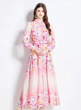 RETRO PRINTED SHIRT LANTERN LONG SLEEVE DRESS
