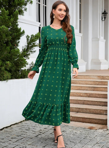 V-NECK LONG SLEEVE JACQUARD SILM WAIST DRESS