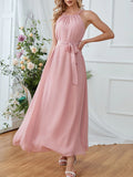 PINK CHIFFON HALTER SLEEVELESS DRESS