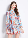 PRINTED LONG-SLEEVED RETRO SHORT DRESS