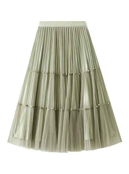 BEADED GAUZE PLEATED SKIRT