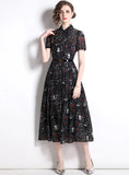 SHIRT COLLAR SHORT SLEEVE SLIM RETRO PRINT DRESS