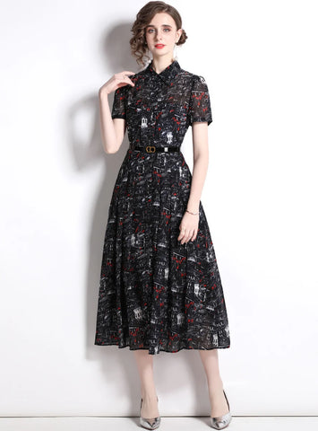 SHIRT COLLAR SHORT SLEEVE SLIM RETRO PRINT DRESS