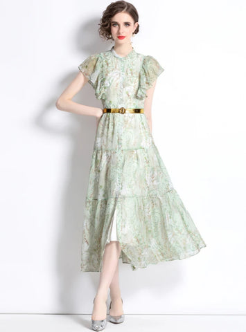 ROUND NECK LOTUS LEAF SHORT SLEEVE PRINTED DRESS