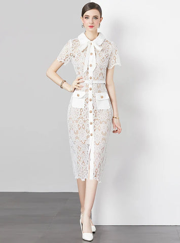 RETRO LACE SHORT SLEEVE LONG DRESS