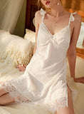 FASHION SOLID COLOR SATIN LACE SUSPENDER NIGHTDRESS