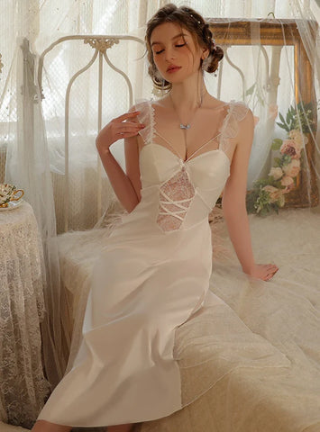 SEXY LACE STITCHING POLKA-DOT TRANSPARENT NIGHTGOWN