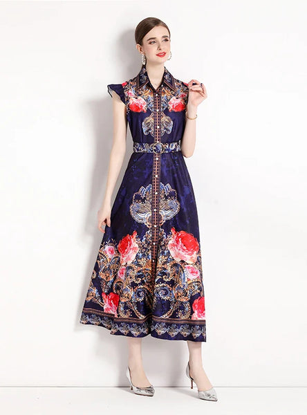 PRINTED HOLIDAY SLIM LONG DRESS
