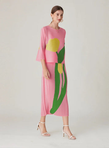 Retro Printed Pleated Skirt Suit