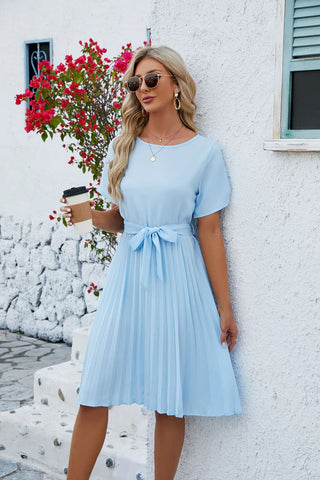 SOLID COLOR PLEATED LOOSE SHORT SLEEVE DRESS