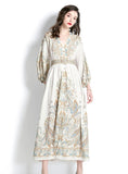 LONG SLEEVE V-NECK PRINTED LONG DRESS