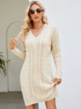 STYLISH SOLID COLOR V-NECK LONG SWEATER DRESS