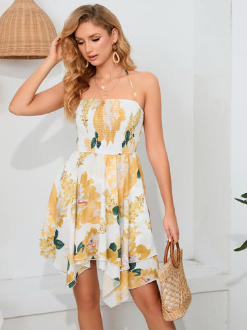 PRINTED BACKLESS HALTER SLIM DRESS