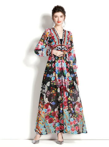 LONG SLEEVE LANTERN SLEEVE PRINTED DRESS